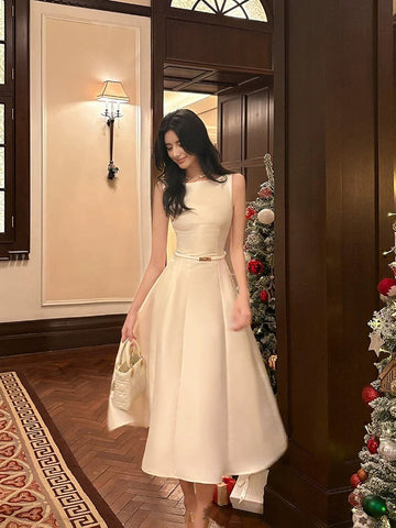 A Line Scoop Neckline White Ankle Length Evening Dress Prom Dresses SD2831